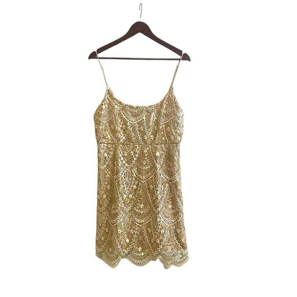 Gold Embellished Mini Dress Size Large Sequins & Embroidery Scallopped Hem - Picture 1 of 12